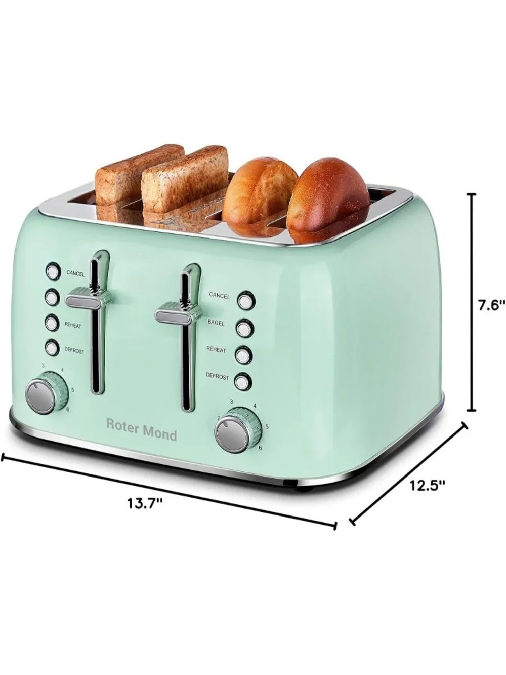 4 Slice Mint Green Retro Stainless Steel with Extra Wide Slots Bagel Toaster